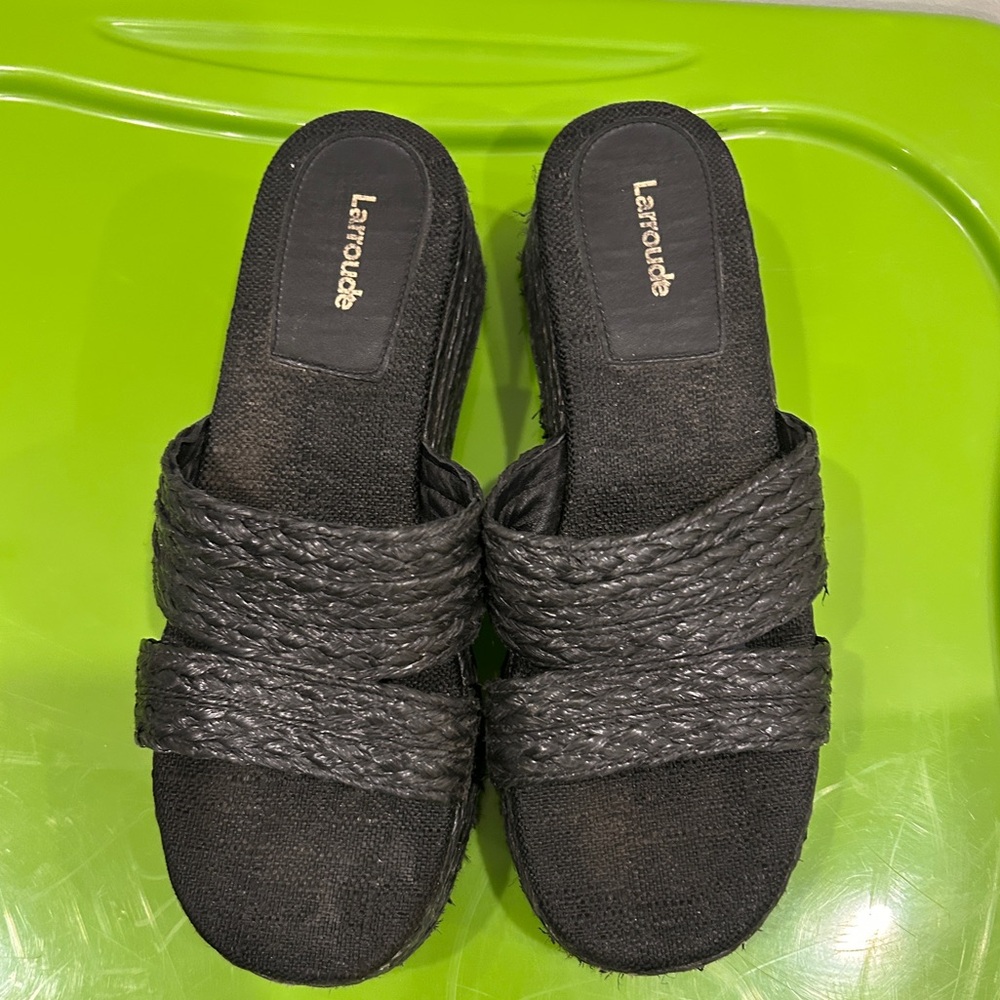 Larroude Black Braided Wedge Sandals